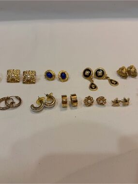 Vintage  13 pairs Gold-Tone Mixed Stud and Hoop Earring Set - Gold